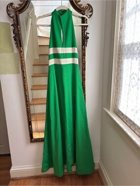 Vtg Kelly Green Linen Halter Maxi Dress with White Stripes